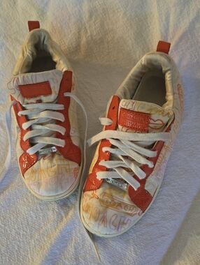 Coach  White Sneakers with Orange Trim and Multicolor Logo Print Sz 6M
